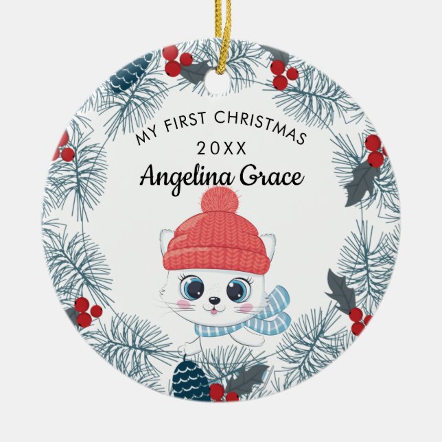 Sweet Skating Cat Baby's 1st Christmas Ceramic Ornament (Front)