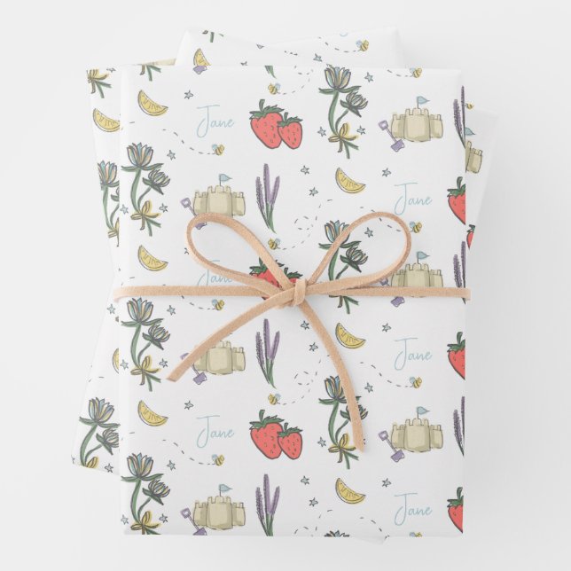 Sweet Sketched Summer Berry First Baby Shower  Wrapping Paper Sheets (In situ)