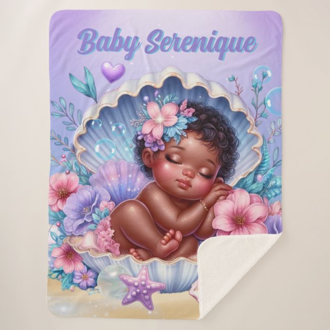 Sweet Sleeping Baby Girl Seashell Pastel Sherpa Blanket (Front)
