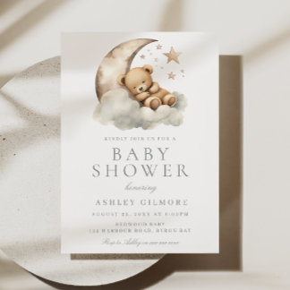Sweet Sleeping Bear Beige Neutral Baby Shower Invitation