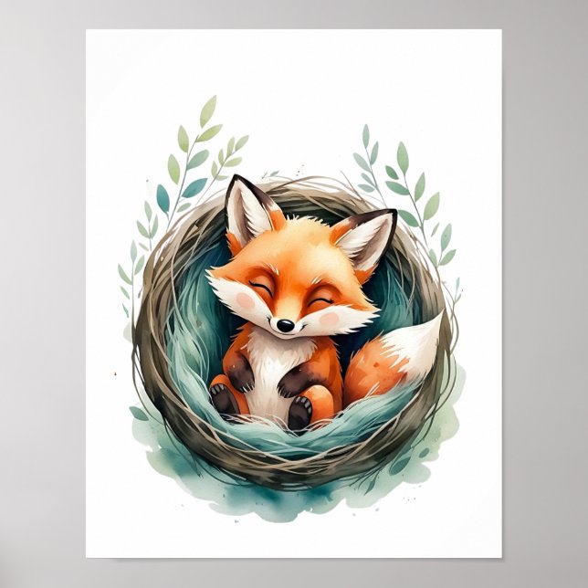 Sweet Sleeping Fox Nestled Watercolor Illustration Poster (Front)