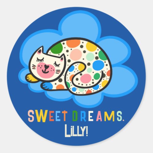 Sweet sleeping kitty with rainbow dots cat lovers classic round sticker