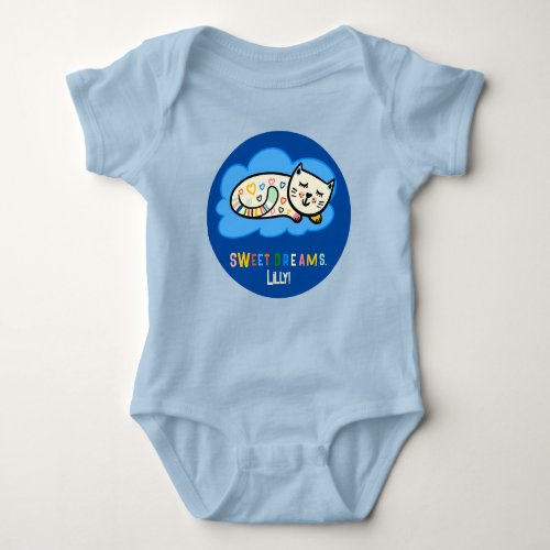 Sweet sleeping kitty with rainbow stripes  hearts baby bodysuit