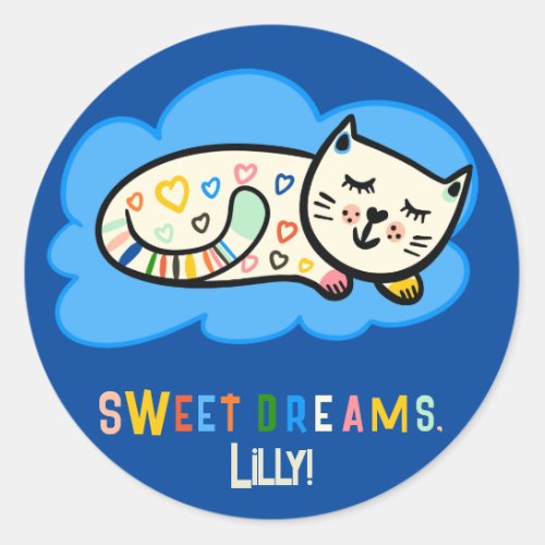 Sweet sleeping kitty with rainbow stripes  hearts classic round sticker