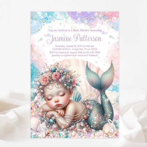 Sweet Sleeping Mermaid Baby Shower Invitation