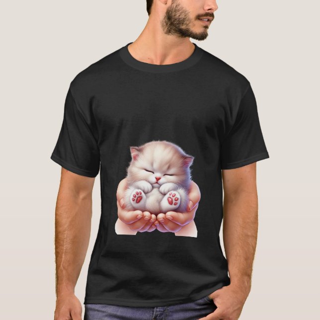 Sweet Sleeping White Kitten in Hands Tiny Cat 🐾💤 T-Shirt (Front)