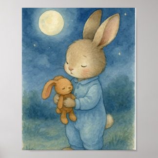 Sweet Sleepy Bunny & Teddy Moonlit Watercolor Poster