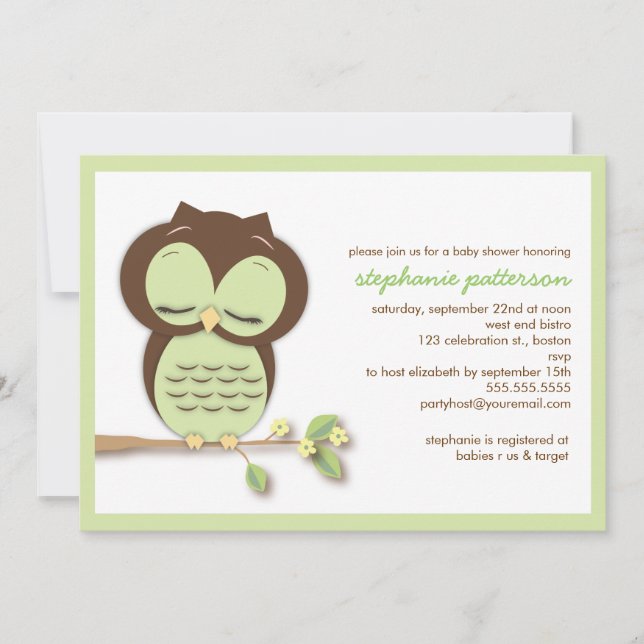 Sweet Sleepy Green Owl Neutral Baby Shower Invitation (Front)