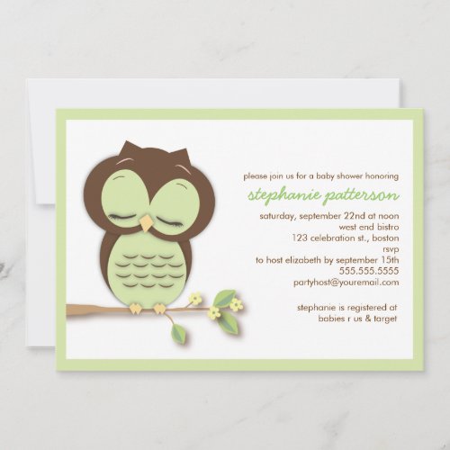 Sweet Sleepy Green Owl Neutral Baby Shower Custom Invites