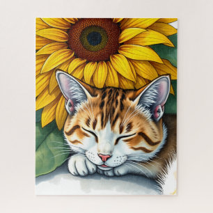 Sweet Sleepy Kitty Cat and Sunflowers Jigsaw Puzzle