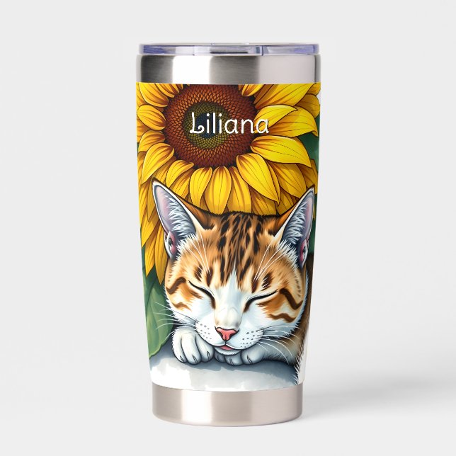 Sweet Sleepy Kitty Cat and Sunflowers Personalized Insulated Tumbler (Front)