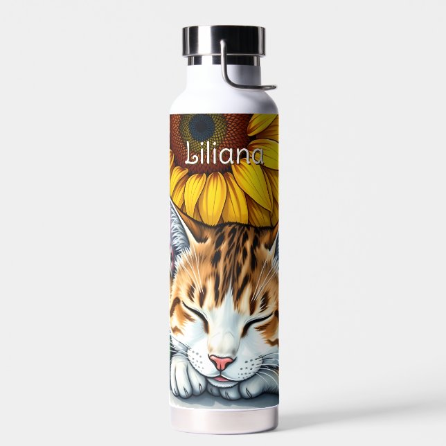 Sweet Sleepy Kitty Cat and Sunflowers Personalized Water Bottle (Left)
