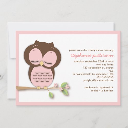 Sweet Sleepy Pink Owl Girl Baby Shower Invitation