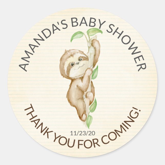 Sweet Sloth Baby Shower Favor Sticker (Front)