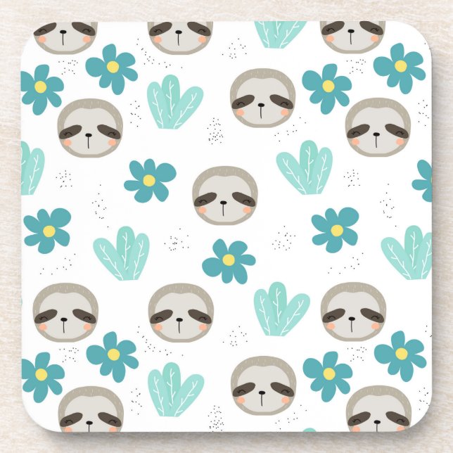 Sweet Sloth Floral Pattern Beverage Coaster (Front)