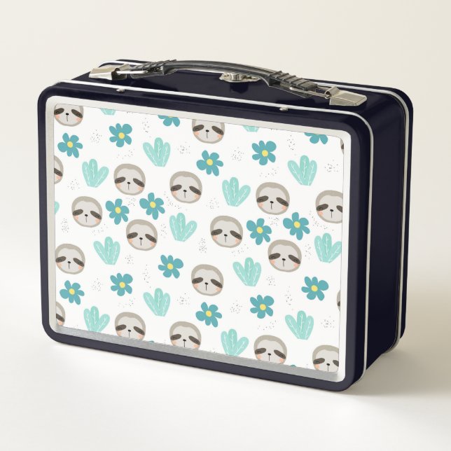 Sweet Sloth Floral Pattern Metal Lunch Box (Back)