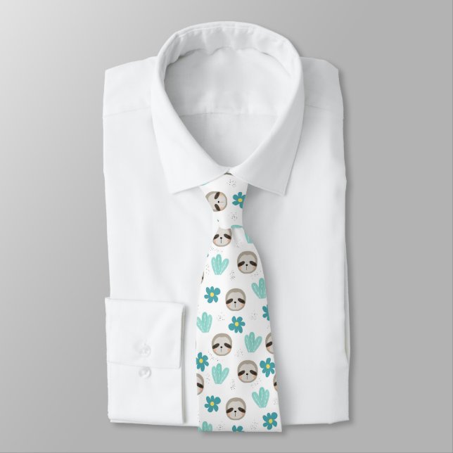 Sweet Sloth Floral Pattern Neck Tie (Tied)