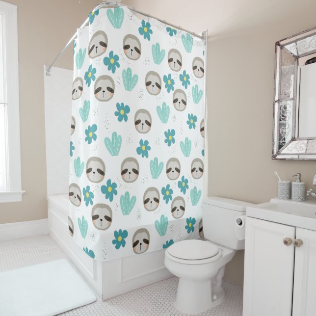 Sweet Sloth Floral Pattern Shower Curtain (In Situ)