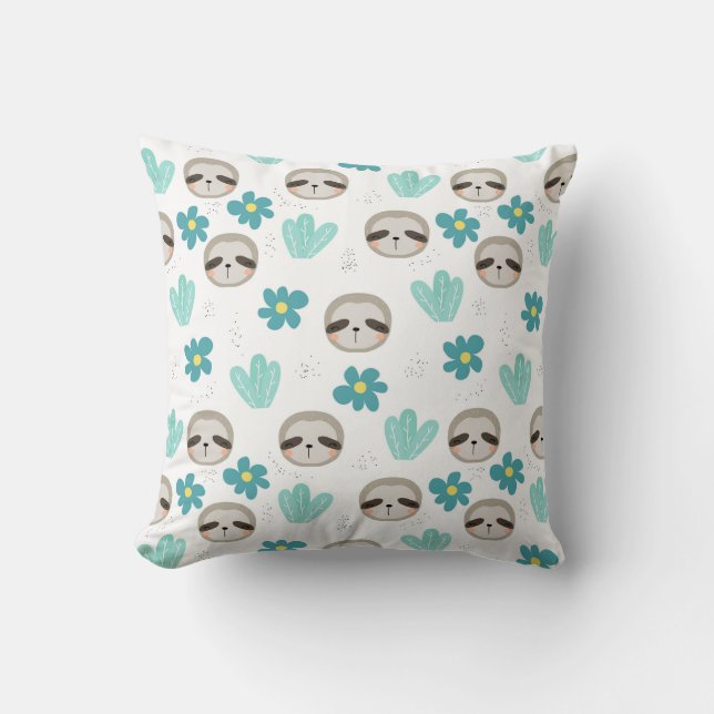 Sweet Sloth Floral Pattern Throw Pillow (Front)