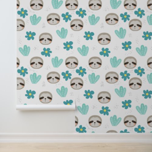 Sweet Sloth Floral Pattern Wallpaper