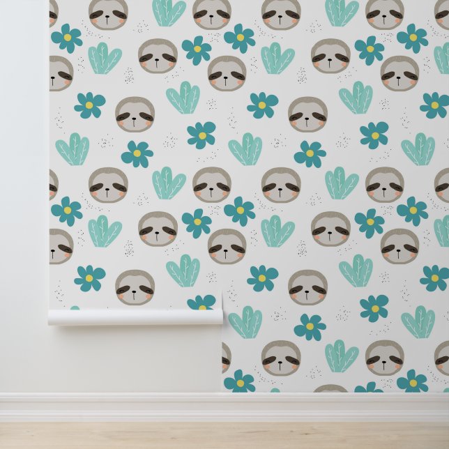 Sweet Sloth Floral Pattern Wallpaper (Application)