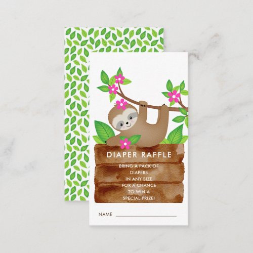  Sweet Sloth Girls Baby Shower Diaper Raffle Enclosure Card