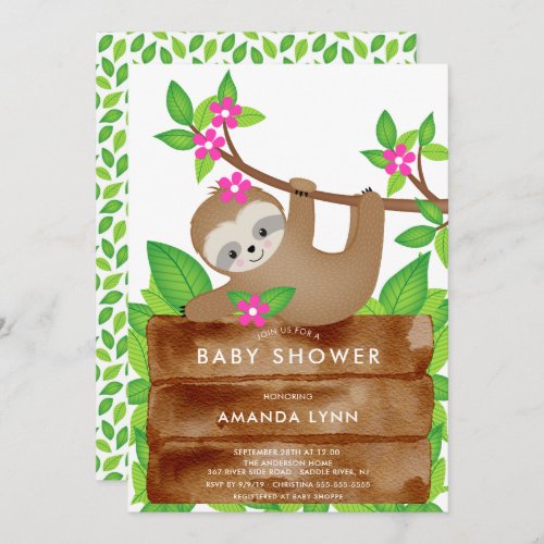 Sweet Sloth Girls Baby Shower Invitation