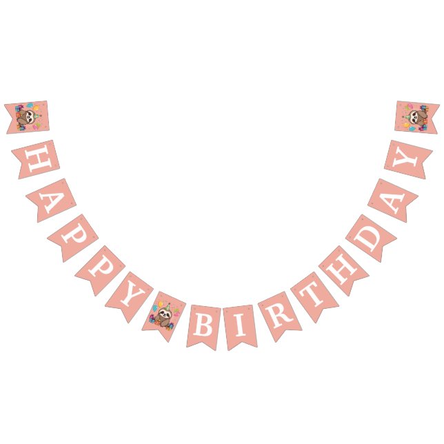 Sweet Sloth Happy Birthday Pink Cute Bunting Flags (All)