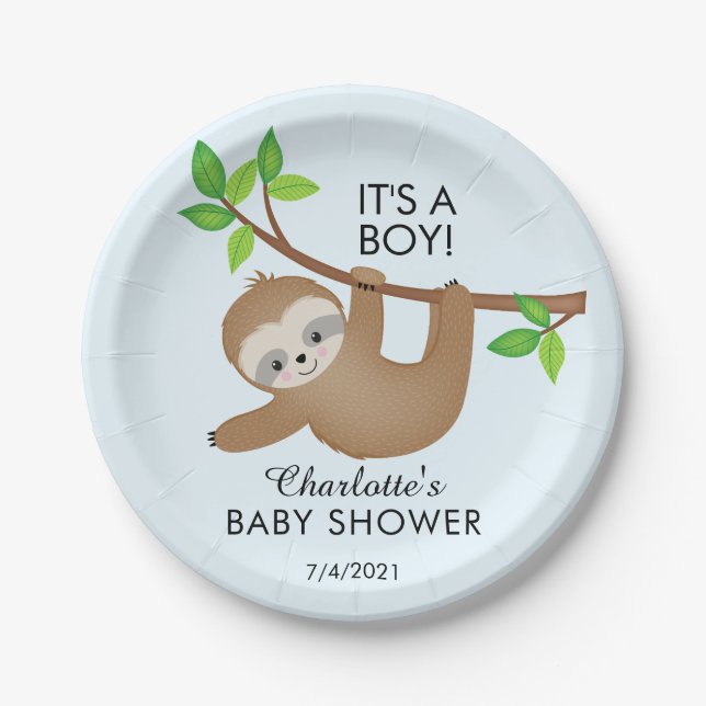 Sweet Sloth It's a Boy Baby Shower 7" Plate (Front)