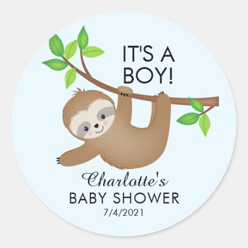Sweet Sloth Its A Boy Baby Shower Favor Sticker