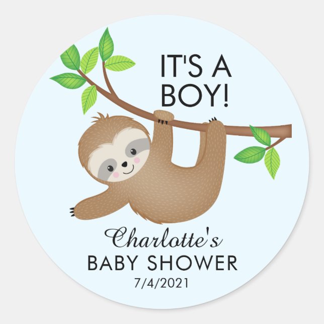 Sweet Sloth It's A Boy Baby Shower Favor Sticker (Front)