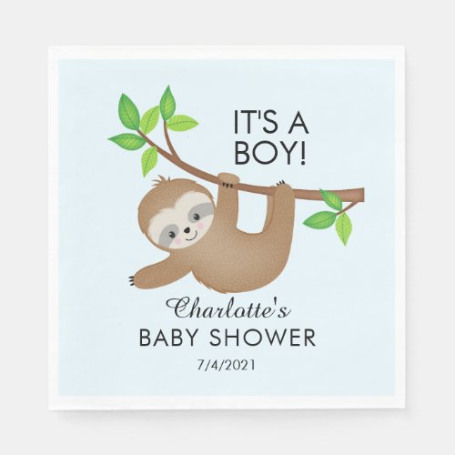 Sweet Sloth Its A Boy Baby Shower Paper Napkins