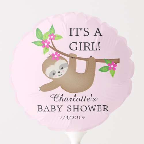 Sweet Sloth Its A Girl Baby Shower Balloon