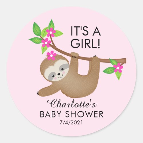 Sweet Sloth Its A Girl Baby Shower Favor Sticker