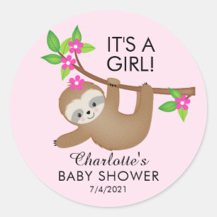 Sweet Sloth It's A Girl Baby Shower Favor Sticker