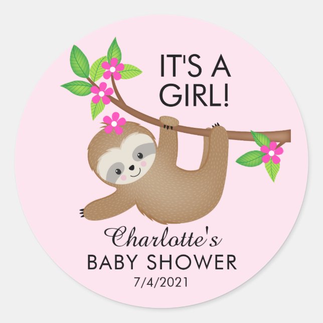 Sweet Sloth It's A Girl Baby Shower Favor Sticker (Front)