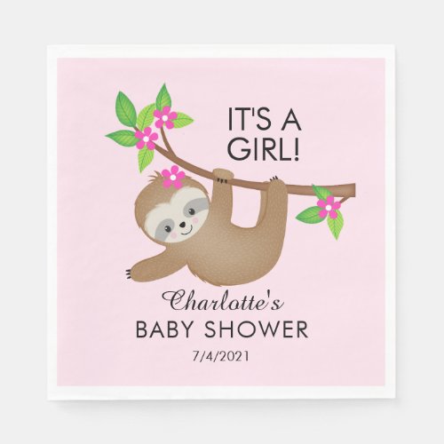 Sweet Sloth Its A Girl Baby Shower Paper Napkins
