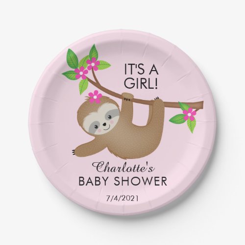 Sweet Sloth Its A Girl Paper Plate