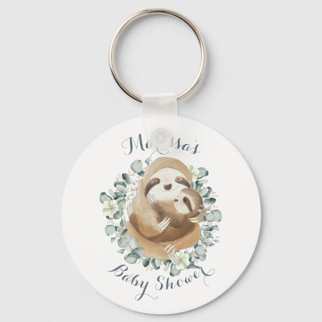 Sweet Sloth Mommy Cuddle Wreath Baby Shower Favor Keychain (Front)