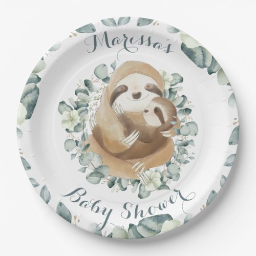Sweet Sloth Mommy Hug Eucalyptus Baby Shower Paper Plates