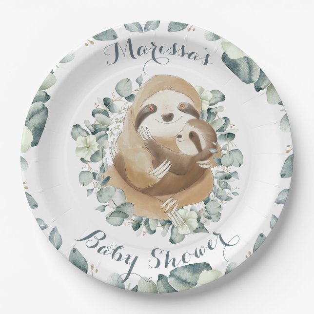 Sweet Sloth Mommy Hug Eucalyptus Baby Shower Paper Plates (Front)