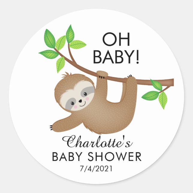 Sweet Sloth OH BABY Neutral Shower Favor Sticker (Front)