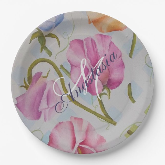 SWEET SMELLING SWEET PEAS MONOGRAM PARTY PAPER PLATES (Front)