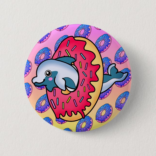 Sweet Smiling Dolphin in Cute Pink Donut Button (Front)