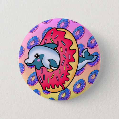 Sweet Smiling Dolphin in Cute Pink Donut Button