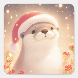 Sweet Smiling Otter in Santa Hat with Red Berries Square Sticker