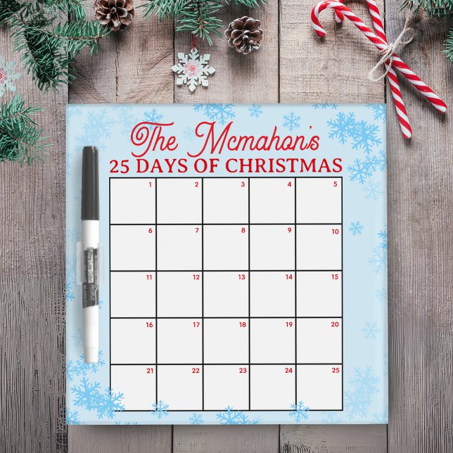 Sweet Snowflake 25 Days of Christmas Activity Dry Erase Board (25 Days of Christmas Activity White Board. Adorable Blue Snowflake Design, Other Designs Available)