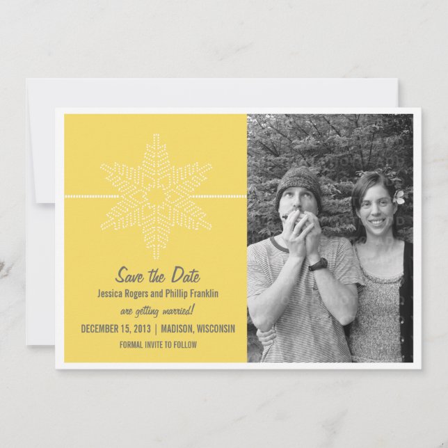 Sweet Snowflake Save the Date Invite, Yellow Invitation (Front)