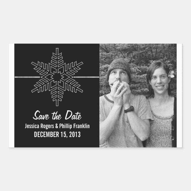Sweet Snowflake Save the Date Stickers, Black Rectangular Sticker (Front)