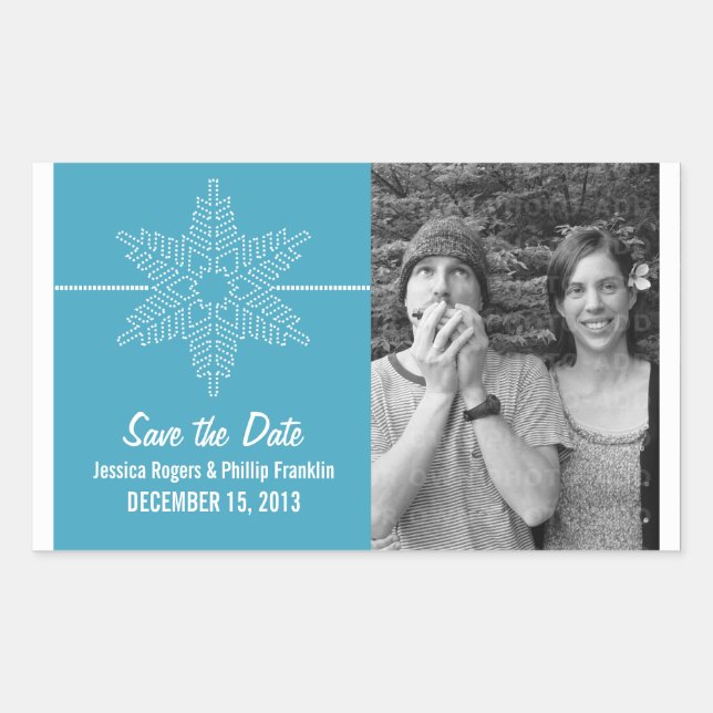 Sweet Snowflake Save the Date Stickers, Blue Rectangular Sticker (Front)